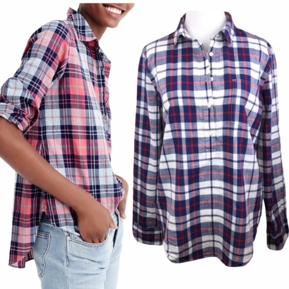 J Crew Blue Plaid Popover Blouse Button Down S - Picture 1 of 15